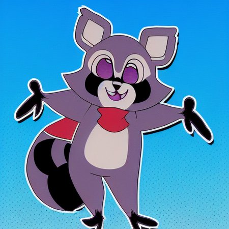 (Rambley the Raccoon), furry Male, raccoon body, full body, solo, (indigo fur:1.1), (best quality), dramatic lighting, (detailed fluffy fur:1.1), cheerful expression, big eyes, Indigo eyes, red bandanna, black striped tail, black mask-like markings around eyes, upright ears, standing, paw raised, friendly demeanor, cartoon style, (Indigo Park), abandoned amusement park background, slightly eerie atmosphere, colorful, playful pose, high resolution, (best quality), (detailed background), (dynamic pose).