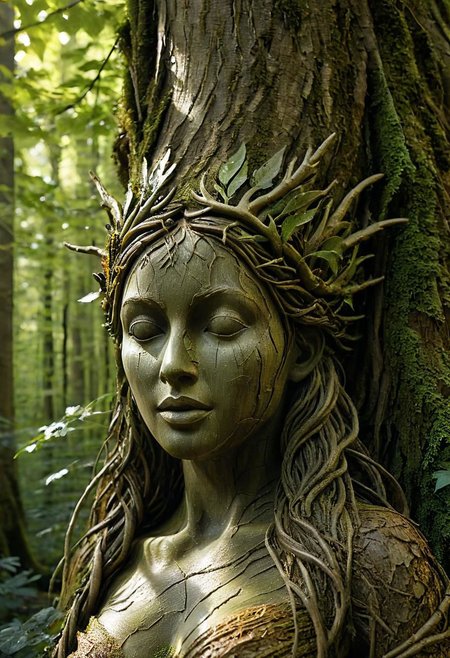 super closeup portrait, Picture a dark dystopian serene sunlit day in a dense deciduous forest, where the air is alive with the rustle of leaves. In this enchanting woodland, a naked busty woman's weathered overgrown wooden statue emerges, intricately carved from the heart of a majestic tree. The dappled sunlight caresses the delicate contours of the sculpture, casting gentle shadows that dance on the lush forest floor. Capture the magical essence of this moment, where art and nature converge in a harmonious celebration beneath the leafy canopy.