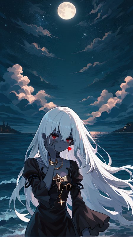 1girl, solo, long_hair, bangs, red_eyes, long_sleeves, dress, jewelry, very_long_hair, upper_body, white_hair, outdoors, sky, choker, cloud, wide_sleeves, water, necklace, black_dress, night, colored_skin, ocean, black_choker, moon, cloudy_sky, star_\(sky\), night_sky, full_moon, hand_on_own_face, starry_sky