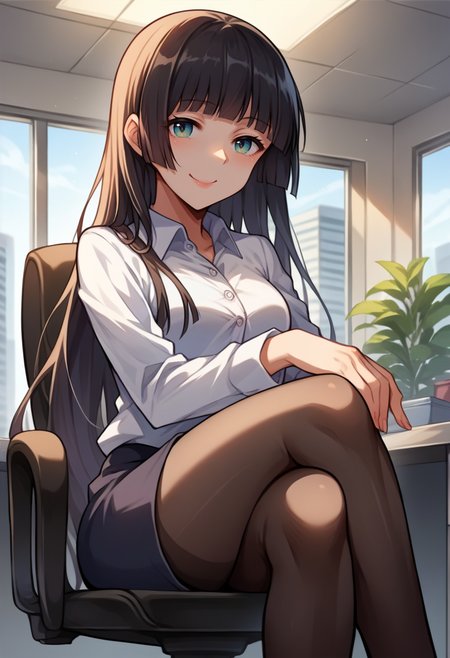 score_9, score_8_up, source_anime, 1girl, solo, SoryuinAkemi, long hair, hime cut, indoors, office lady, office chair, sitting, crossed legs, miniskirt, black pantyhose, dress shirt, smile, <lora:ChamSoryuinAkemiPonyXL:1>