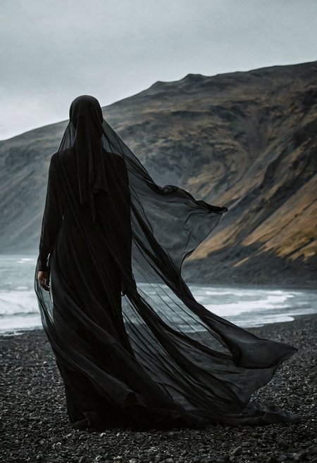 1800s vintage stock photoshoot of landscape, Iceland seashore, BLACK viel flowing in air with wind in closeup,  black beach, huge mountains, moody image, women with a black veil, long black veil flowing in the air in middle standing far conceptual art, dystopian art, melancholic atmosphere. set at a wide aperture of F1.5 unfolds with haunting beauty, enveloped in a moody and melancholic atmosphere.