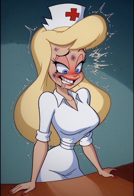 score_9, score_8_up, score_7_up, rating_questionable, zPDXL, 2d source_cartoon, (adult:1.2), facing the viewer, , horny, solo 1girl
<lora:Hello_Nurse_XL_Animaniacs:1> Heloise Nerz, 1girl, dirty messed burnt blonde  hair, stupid, dumb, extremely stupid, extremely dumb, no brain, brain damage, stupid blonde, extremely stupid blonde,  blue eyes, eye twitching, nervous eye twitching, extremely hard eye twitching, totally burnt hair, sexy, horny, flowing saliva, scared, in love, extremely dirty dress, hardly beaten fifty times, confused, deeply humiliated face, depressed face, black eyes, circles under eyes, beaten by ninty boxers, broken heart, extremely broken heart, smashed mouth, crazy emotion, extremely violently beaten face, ten times more extremely violently beaten face, twenty times more extremely violently beaten,big deep shiners on both eyes, extremely big shiners on both eyes, eyes in different directions, eyes  in extremely different directions,  narrow waist
<lora:Expressive_H:1>
<lora:r3nst1mpyXLP:1> r3nst1mpy,aaa