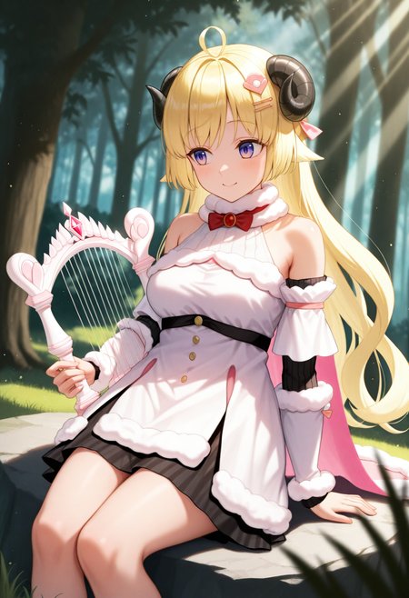 masterpiece, best quality, 1girl, solo, WtmBase, horns, blonde hair, purple eyes, very long hair, ahoge, hair ornament, white fur-trimmed dress, short dress, red bowtie, detached sleeves, layered sleeves, pouch, bare shoulders, fur-trimmed cape, pink cape, smile, holding harp, outdoors, sitting on rock, forest, blush, dutch angle, light rays,  <lora:ChamTsunomakiWatameIllustriousXL:1>, <lora:ChamIllustriousBackgroundEnhancer:1>