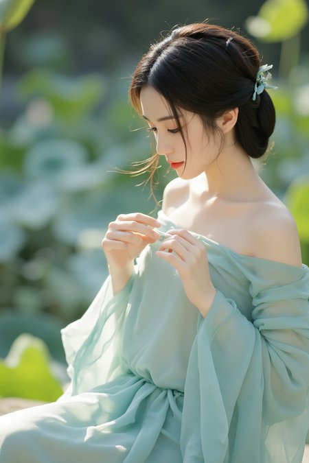 <lora:ãéº¦æ©éè¡£ãMajicflus:0.7>, qingyi, In the soft morning light, a close-up captures a delicate young woman wearing a cyan translucent hanfu, with her bare shoulders and arms subtly visible. She gently adjusts her loose neckline, the skirt ending just above her knees for a breezy and minimalist appeal. Her loosely styled updo is adorned with small jade pins. The background features a misty lotus pond and swaying leaves.âââ