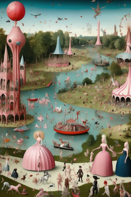 <lora:Jan Brueghel Style:1>Jan Brueghel Style - large shot, detailed landscape, perspective, cinematic, medieval, fun fair, photorealism, the garden of earthly delights by hieronymus Bosh, albinos bots, in the style of fashion photography