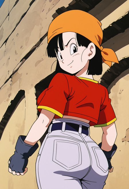 masterpiece, best quality, solo, curvy, beautiful eyes, aged up, large breasts, narrow waist, wide hips, 1girl, solo, smile, looking at viewer, foreshortening, close up,    zzPan, black hair, short hair,  bandana, fingerless gloves, red shirt, denim jeans,   ,<lora:PanDBGT_IXL:1.0>,over the shoulder, cowboy shot, smirk, looking back,  looking at viewer,