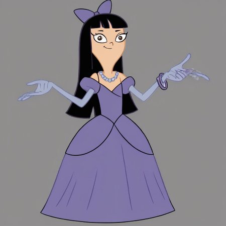 1girl, solo, Stacy, black hair, long hair, blunt bangs, purple hair bow, purple wrist bracelet, Very long large straight tulle purple princess ball gown hoop skirt, ball gown hoop skirt, purple princess dress, very long elbow length princess gloves, purple pearl necklace, hoopdress, my big princess gypsy wedding dress, ballgown, a girl in a dress posing like a princess for a picture, wearing a sleeveless ballgown, looking at viewer, closed mouth, smiling like a princess, half closed eyes, hands on hips,