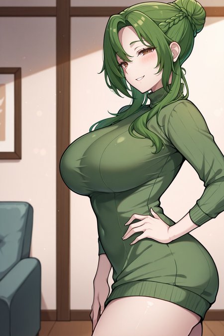 masterpiece, best quality, 1girl, solo, <lora:feelincia-illu-nvwls-v1-000006:1> ogElincia, green hair, hair bun, long hair, braid, brown eyes, big breasts, green turtleneck sweater, sweater dress, thighs, from side, hand on hip, looking at viewer, smile, half-closed eyes, blush, living room