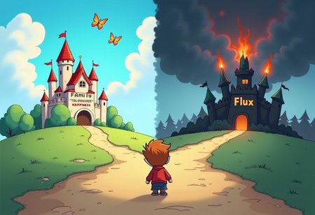 A cartoony scene of a small boy standing at a fork in the road. The left path leads to a bright castle under a blue sky with butterflies, labeled 'Family, Friends, Happiness.' The right path leads to a dark, ominous castle surrounded by storm clouds and fire, with the word 'Flux' written on it. The boy looks torn between the two choices. 4K, funny meme, highly detailed