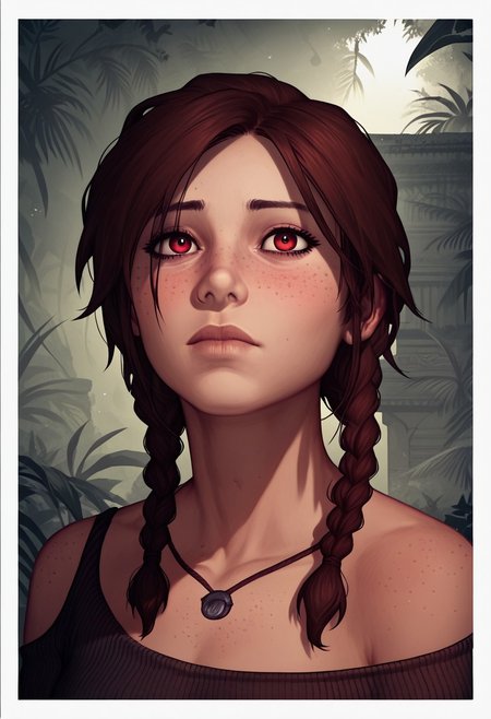score_9, score_8_up, score_7_up, score_6_up, score_5_up, score_4_up, 1girl, <lora:LaraCroftTanktop:0.8>, blushing profusely red, 1girl,mysterious girl with freckles,an exotic Polinesian girl in off-shoulder shirt, Hairs in two braids, fading backlit background,pastel colors,surreal,  detailed, bokeh, perfect balanced, deep fine borders,artistic photorealism, smooth, whole body view, jungle background, temple