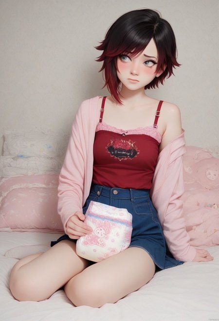 score_9, score_8_up, score_7_up, score_6_up, score_5_up, score_4_up, source_anime,
BREAK
ruby rose (black hair:1.1), gradient hair, red hair, grey eyes, embarrassed, blushing, looking away
BREAK
solo, sitting on bed, red camisole, off shoulder, pink bra strap, print camisole, frilly camisole , bare legs, holding diaper, wearing diaper, 4tapes diaper, bunny print, pastel colors, front diaper, messy diaper, denim skirt, pleated skirt, upskirt, skirt lift, bent knees, frilly socks,
BREAK
Bedroom background, pink bedroom, messy bedroom, floral wallpaper,
