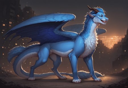 Highest quality, photorealistic, very detailed, Solo,darra,  furred dragon, female, white and blue fur, wings, horns, tail, chest fluff, paws, fangs, ton back, faded blue eyes, cyberpunk background, detailed background