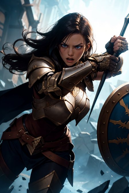 an illustration of a female paladin adorned in holy armor, wielding a holy shield, furrowed brow, fighting stance, 
masterpiece, best quality, intricate detail, high background detail, high contrast,   <lora:emotion_angry_slider_v1:1> raytracing,  <lora:backlight_slider_v10:-1> <lora:contrast_slider_v10:2>