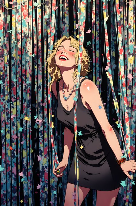 Vibrant and dynamic illustration of a person standing in front of a colorful curtain. The individual has long, blonde hair that falls over their shoulders, adding to the overall sense of movement and texture. They are wearing a black dress with a high neckline, which creates a sense of elegance and sophistication. The person's expression is joyful and carefree, with their eyes closed and a wide smile on their lips, suggesting a moment of pure happiness and enjoyment. Their posture is relaxed, with one hand resting on the curtain and the other holding a small object, possibly a piece of jewelry or a decorative item. The background features a curtain made of colorful ribbons and streamers, which adds a festive and celebratory atmosphere to the scene. The ribbons are rendered with intricate details, creating a sense of depth and texture. Overall, this illustration captures a moment of quiet beauty and joy, with the combination of the person's attire, the soft lighting, and the detailed rendering creating a visually engaging and emotionally resonant scene. The use of color and composition adds depth and character to the artwork, making it a powerful and evocative piece.
j_art, anime, anime art, <lora:FLUX\jul\J_Anime:1.0>, <lora:FLUX\Anime Art V3:0.1>, <lora:FLUX\RM_Artistify_v1.0M:0.1>, <lora:FLUX\RetroAnimeS1.1:0.1>