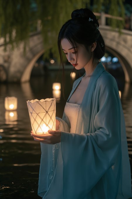 <lora:ãéº¦æ©éè¡£ãMajicflus:0.7>, qingyi, In the tranquil glow of the softly lit lake at night, a young and delicate Chinese woman stands waist-deep in the water, her short cyan hanfu soaked and clinging to her skin. Her face is exquisitely shaped, with an oval contour and gentle features, framed by damp strands of hair that fall loosely around her cheeks. Her loosely tied bun accentuates her natural elegance, while stray locks cling to her face, adding a touch of organic charm. She gazes down, her half-closed eyes focused on the rippling water below. The lantern light casts a warm, tender glow across her luminous skin, highlighting the gentle curves of her collarbones and chest beneath the translucent fabric. The ancient stone bridge and hanging willow branches in the background serve as a soft, atmospheric complement to her serene beauty, while motionless lanterns float on the lake, their reflections shimmering like scattered stars.âââ
