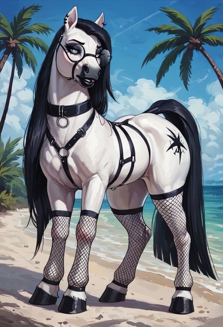 Hyper realistic, photo realism, score_9, score_8_up, score_7_up, interior, cozy, highly detailed, (((feral))), high quality, NSFW, BREAK, Solo, gothic, black round glasses, mature, semi toned, female pony, (((white fur))), white fur, black mane, hooves, wide feral hips, smooth fur, (black eyeshadow), (((black lips))), seductive, thick thighs, black fishnet stockings, black collar on neck, gothic horse, black harness, grey eyes, black sclera, big butt, black hooves, <busty feral xl:1>, (((spherical breasts))), thick black areoles, black puffy nipples, 
BREAK,
paradise, palm trees, beach jungle, Highbalcony outdoors, side angle,