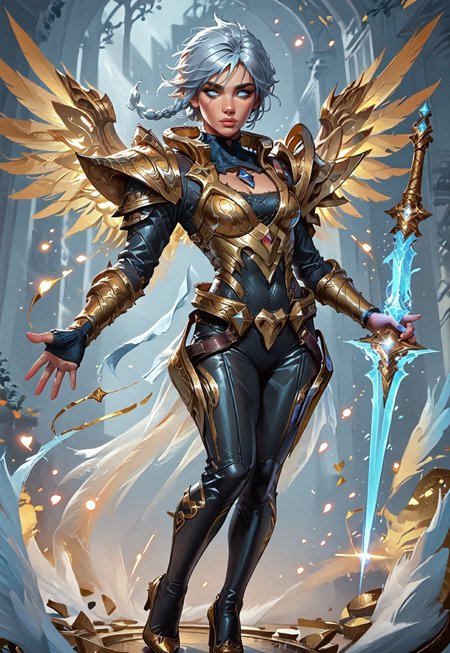 ((zPDXL3)), ((masterpiece,best quality, highly detailed)), ((score_9)), score_8_up, score_7_up, score_6_up, score_5_up, score_4_up, ((EnhanceImage)), solo, DBRiven, silver hair, golden armor, black bodysuit, bodysuit, golden shoulder armor, sidebraid, silver eyes, cleavage, short hair, gold shoes, heels, wings, angel wings, blue hand, sword, Expressiveh, tanned-skin, 30yo, adult lustful confident woman, petite, slender body, perky saggy natural breasts, full lips, bangs, sidelocks, straps,
chinese magical sorceress, animated, swirling magic, wisps of magic, dancing pose, tight squeezed outfit, magical accessories, evoking motion, conveying motion, dynamic splash art
<lora:PainterlyFantasiaPDXL:0.6>