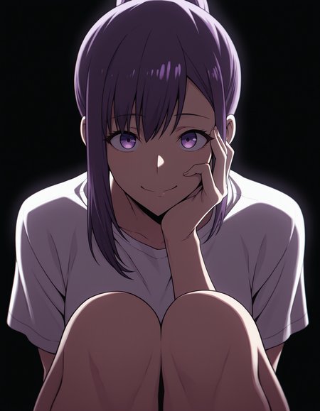 <lora:Jin Ah Illu:1> 1girl, solo,
jin-ah, purple eyes, purple hair, ponytail, sidelocks,
sitting, knees up,  white tshirt, upper body, 
straight-on, hand on own cheek, smile, dark room,, masterpiece, best quality, amazing quality, simple background, black background,
