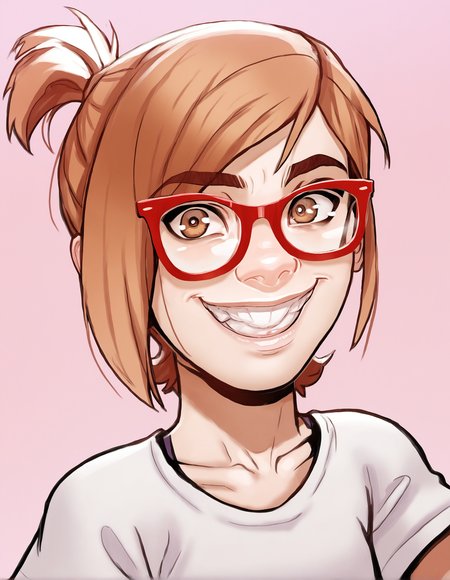 Darcy, teeth, 1girl, glasses, brown hair, solo, brown eyes, smile,shirt, looking at viewer, red-framed eyewear, short hair, lips ,simple background,upper body,portrait, looking at viewer, cowboy shot, score_9, score_8_up, score_7_up, score_6_up, score_5_up, score_4_up, <lora:Darcy2.0Pony (1):1>