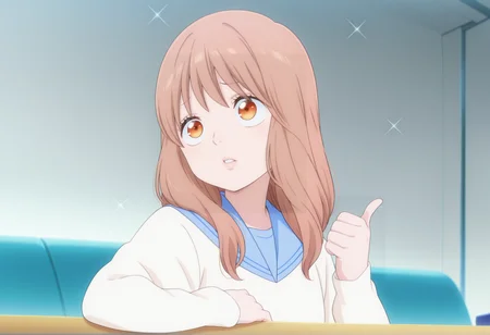 anime screenshot, anime screencap, anime coloring,  look_at_my_tsukasa, parody, sparkles, upper body, thumbs up, table, 1girl, long hair, brown hair, orange eyes, parted lips, sailor collar, sweater <lora:Rinko_ore_monogatari_illus:1>, indoors, stadium interior <lora:Look_at_my_Tsukasa_medalist_meme:1>, masterpiece, best quality, amazing quality, very aesthetic, absurdres, highres, newest