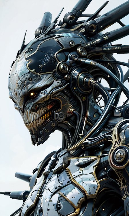 A hyper-realistic CGI image of a monstrous cybernetic creature with glowing blue eyes  and intricate mechanical armor. The background is dark enhancing the creature's menacing otherworldly appearance.  <lora:- NAI - ac_illustration_V1.0-step00011000:.4>  <lora:- NAI - PdJ_highres_counterweight_V.2.0-step00021000:0.7>  <lora:- iLL - the_edgy_mech_V3.0:0.4>