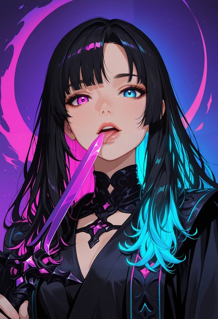 masterpiece, best quality, good quality, very aesthetic, absurdres, newest, 8K, depth of field, focused subject,  low angle, from below, portrait,
close up, 1girl, solo, robe, glowing hair, side bangs, asymmetrical bangs, long hair, black hair tips, looking at the viewer, heterochromia eyes, neon color palette, holding and licking a neon dark rune sword, upper body, dynamic lighting, shadows, silhouette, dynamic angle,
