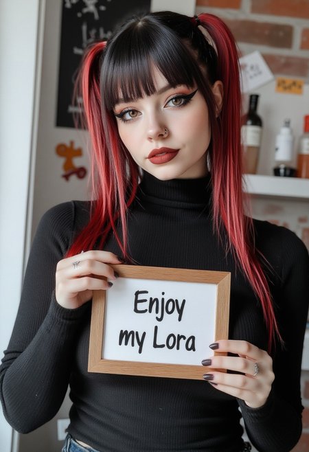 FictionalEmma, Goth girl with red twintails. Holding a sign saying "Enjoy my Lora"