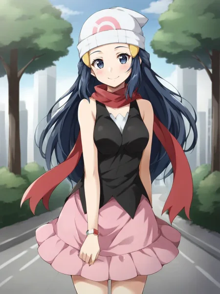 <lora:DPDawnHikariTsukishiroV3:0.7>
1girl, solo, hidawnkari, blue hair, long hair, blue eyes, white headwear, beanie, hair ornament, hairclip, black shirt, sleeveless, red scarf, pink skirt, miniskirt, outdoors, city, trees, smile