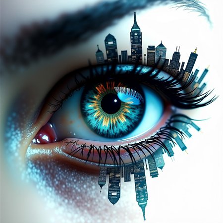 stunning image of a woman's eye, fused with an abstract, vibrant city silhouette at night, with city lights sparkling on high-rise skyscrapers and bustling streets; iris dilated. The eye is surrounded by a strong white void that creates a striking contrast and adds depth and intensity to the overall picture, hyperrealistic, digital, structured, surreal, gloomy and mysterious.