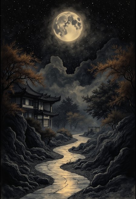 Embark on a minimalistic journey to an ethereal world, where stark contrasts of light and shadow elegantly merge with Chinese architectures intricate lines. A serene atmosphere permeates this black-and-gold landscape, shaped by delicate frostbite yet hinting at hidden warmth beneath layers of icy mist.  Intricate forms of ancient architecture emerge like silhouettes in the moonlit fog, refined through simplicity and balanceâsymbolizing timeless elegance intertwined with the unyielding forces of nature. Gold tones gracefully highlight architectural details, inviting contemplation on harmony within contrasts.  Each line is drawn with precision to express beauty through minimal elements, delicate strokes hint at complexity beneath their apparent simplicity. Negative spaces surrounding these forms serve as quiet whispers inviting the viewer into this enigmatic wintry paradox, where balance teeters between lifes extremities.  Let create this sparse yet evocative tableauâa minimalistic ode to the subtle beauty found in the cold embrace of a winter night, illuminated by moonlights ephemeral glow. Here, simplicity meets sophistication in an enchanting dance of light and shadowâa monochromatic masterpiece capturing the essence of harmonious coexistence between Chinese tradition and the frozen wilderness.  In this world of minimalist abstraction, darkness serves as both muse and constraintâshaping forms with its mysterious presence while leaving space for imagination to flourish amidst its vastness. Amidst its cold vastness, ancient treasures stand resilientâa testament to enduring beauty found in unexpected places.  Allow yourself to be drawn into this enigmatic world of shadows and light, guided by masterful brushwork. Discover the haunting beauty hidden within minimalistic lines as they create intricate stories on the blank canvas of winterâan entrancing dance between darkness and gold, between tradition and wilderness, captivating all who dare venture into its surreal embrace.  ,<lora:flux/fav/ZenInkWashSumi-eFlux.safetensors:1.0:1.0>