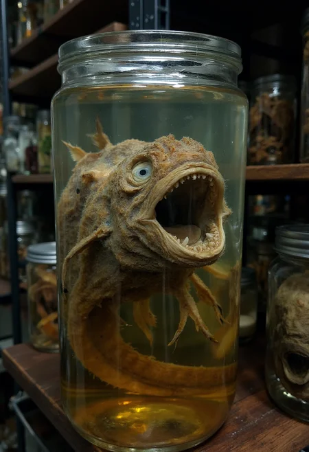 photograph of wet sample of  an anglerfish in a jar of murky liquid. Its mouth is wide open with pointy teeth. Decomposed with faded colors, shriveled flaky skin, milky eyes, very detailed, creepy atmosphere, standing in a shelf in a creepy laboratory <lora:wet_sample-000129:1>