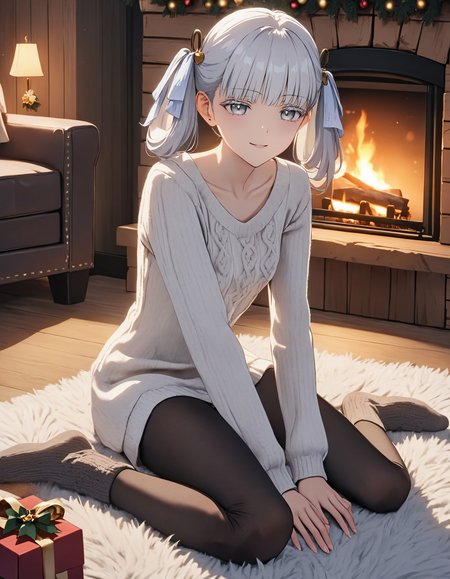 masterpiece, best quality, 8K, very aesthetic, UHD, volumetric lighting, natural lighting, highly detailed, intricate details, 1girl, casual outfit, home clothes, white oversized wool sweater, tights, wool socks, twintails, white eyelashes, white hair, white eyes, cute smile, lifelike female body, perfect female body shape, narrow waist, sitting on a rug, leaning forward, tilting her head, dim light, christmas decorations, fireplace, night, cozy wooden house, <lora:Jinhsi_V1.11:0.7>