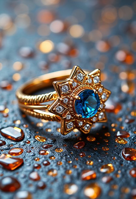 high quality, highly detailed, colorful, abstract, fantasy, fantasy background, The image is a close-up of a luxurious ring. The ring is made of gold and has a unique design. The center of the ring is a large, round, blue gemstone that is set in a gold band. The gemstone is surrounded by smaller, white diamonds that are arranged in a symmetrical pattern. The diamonds are of different sizes and shapes, creating a sense of depth and dimension.  The ring is resting on a black surface, making the gold and gemstone stand out even more. The background is completely black, highlighting the ring and its intricate details. The overall mood of the image is elegant and luxurious., Infrared Lens, camera angle is high angle shot, tilt shift, Sony a9 II Mirrorless Camera, radiant god rays<lora:FLUX\Enhancer\New Fantasy CoreV2.safetensors:0.8:0.8> <lora:FLUX\Style\Pumpkin_Carving__Carved_Pumpkin_Flux.safetensors:0.6:0.6>
