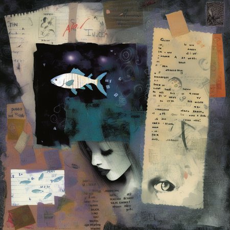 astrstica fish that went to Venus planet to meet a girl, dark atmosphere, fragments of a wall and pieces of letters, collage<lora:astrstica:0.8>