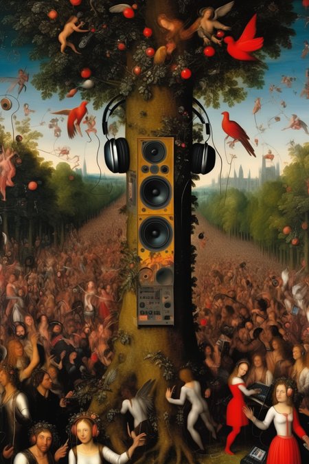 <lora:Jan Brueghel Style:1>Jan Brueghel Style - garden of eden, electronic music festival, dj in the tree, angels with headphones, crowd, adam and eve, painting from the 16th century