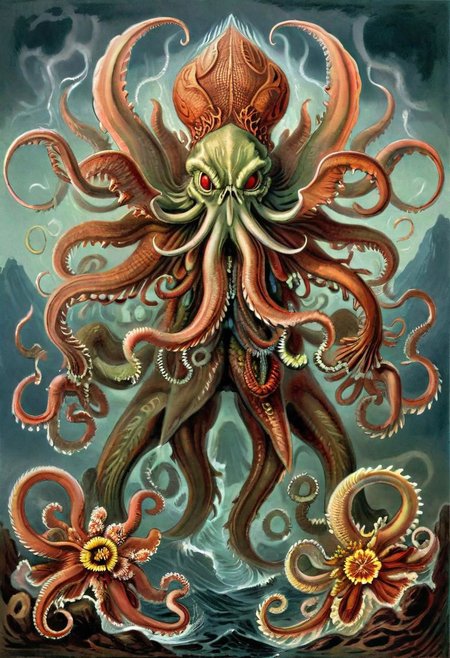 Cosmic terror, unspeakable horror, ancient gods, cthulhu, art by ernst haeckel, giant terrifying creatures