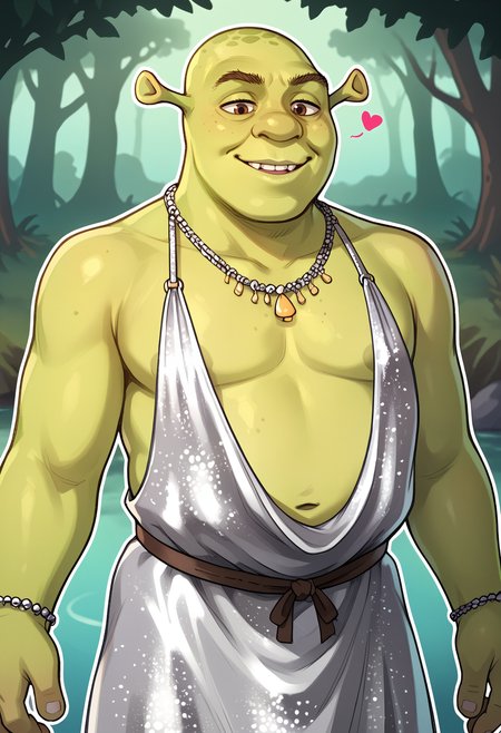 score_9, score_7_up BREAK male focus,mature male,shrek, green skin,swamp,smile,mlsllw,  halter dress, silver dress, plunging neckline, bare shoulders, outline, heart, plump <lora:stlouis-pdxl-lxw:0.8> <lora:Shrek_XLPD:0.8>