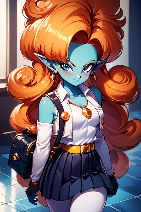 score_9, score_8_up, score_8, medium breasts, (curvy), cute, eyelashes,       BREAK, ,  zZangya, blue eyes, blue skin, pointy ears, orange hair, curly hair, long hair, big hair,  jewelry, necklace, detached sleeves, bare shoulders, vest, gloves, white baggy pants, <lora:Zangya_Dragonball_PDXL:0.8>, , BREAK, closed mouth, alternate costume, smile, looking at viewer, collared shirt, blush, sweater, black skirt, eyelashes, long sleeves, sleeves past wrists, plaid skirt, shoulder bag, black bag, blurry, tile floor, pleated skirt, white shirt, cowboy shot, ,,, embedding:zPDXL, Expressiveh, ,,, <lora:Vivid:0.7>, <lora:LFashionPDXL:1>, <lora:Uncensored_PonyXL_cpt_v02.09:0.4>, <lora:Expressive_H-000001:0.4>,