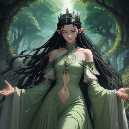 score_9, score_8_up, score_7_up,score_6_up, artist style:Urushihara Satoshi, source_hentai, source_anime, masterpiece, 2D, Arwen_Undómiel,tolkien's_legendarium, BREAK, Arwen\(Lord_of_the_Rings\),  Arwen, elf, pointy ears, blue eyes, black hair, long hair, sidelocks, braided_hair, crown_braid, 1woman,, horny, green dress, navel_cutout, off-shoulder_dress, bare_shoulders, revealing_clothes, impossible_dress, source_anime, anime style