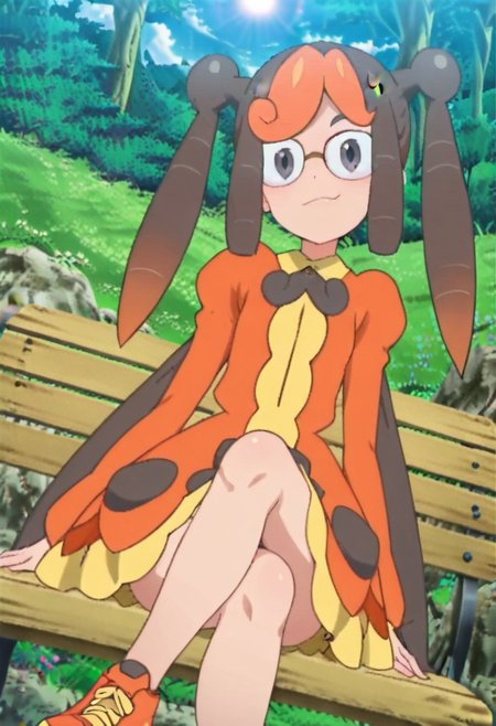 score_9, score_8, score_7, anime_screencap, anime_coloring, source_anime, high_res, rating_safe, uncensored,
PKMNKricketinaKylie, 1girl, brown hair, orange hair, multicolor hair, twintails, sidelocks, bangs, glasses, gray eyes, orange dress, long sleeves, brown bow, orange footwear, sneakers,
smug, sitting, crossed legs, outdoors, 1girl, bench, trees, sky, clouds, sun, looking at viewer, day, forest, cowboy shot, upper body focus, (Dutch angle:1.4)