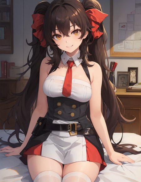 (extremely detailed CG unity 8k wallpaper),(masterpiece), (best quality), (ultra-detailed), (best illustration),(best shadow), (sharp eyeliner, eyeshadow, detailed eyes:1.2), bedroom, sitting on bed, smiling, cowboy shot
,BREAK
(qbz97:1.2)
<lora:QBZ97:1>