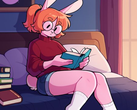 score_9_up, score_8_up, score_7_up, score_6_up, by remanedur, round glasses, orange hair, medium breasts, bunny, black eyes, dot eyes, rabbit ears,  pink skin, female, book, short hair, ponytail, pink fur, red sweater, jean shorts, rabbit tail, on bed, white socks,  reading, reading book, solo, three-quarter view, head tilt, tail, bedroom, bed, <lora:Leah_Pines(AIM)_XL_v1:0.15> <lora:PDXL_artist_tags_v2_big:0.5> <lora:The-Minuscule-Task_PDXL_v1.0:0.6>  <lora:PyannyPatricia_Yancy_ByuniBunn:0.65>