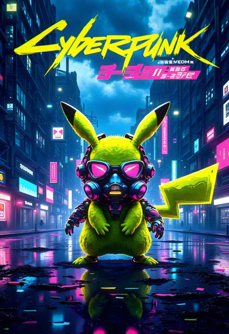 In a visually striking bo-cpposter, a captivating sign boldly declares "Cyberpunk Poster" in an electrifying typeface. At the center of the scene stands a remarkable cyberpunk Pikachu, its vibrant neon yellow fur shimmering against the dim, rain-soaked backdrop of a futuristic metropolis. This adorable creature sports an intricately designed gas mask that fits snugly over its face, giving it an edge of resilience amidst the urban chaos. Surrounding Pikachu are various cybernetic enhancements â sleek mechanical limbs that glint in the ambient light, illuminated circuitry tracing along its body, and glowing, luminescent patterns that pulse rhythmically as if echoing its heartbeat. The atmosphere is thick with tension, illuminated by glowing neon highlights in captivating shades of blue and pink that bounce off the slick pavement, creating a kaleidoscope of color in the puddles. In the background, towering skyscrapers loom against a backdrop of dark, swirling clouds, their surfaces dotted with flickering advertisements and holographic displays. The streets below are alive with the reflections of neon lights, casting a surreal glow against the rain-laden ground. Amid the shadows and the soft sounds of distant techno beats blending with the gentle patter of rain, thereâs an undeniable sci-fi vibe permeating the air, enriching the scene with an exhilarating yet melancholic ambiance. Overall, the dynamic lighting and the intricate details come together to create a vivid portrait of a dystopian urban setting, evoking a sense of wonder and adventure in a world submerged in cyberpunk aesthetics.  , <lora:Flux\boFLUX Cyberpunk Poster.safetensors:1.4000000000000001:1.4000000000000001>