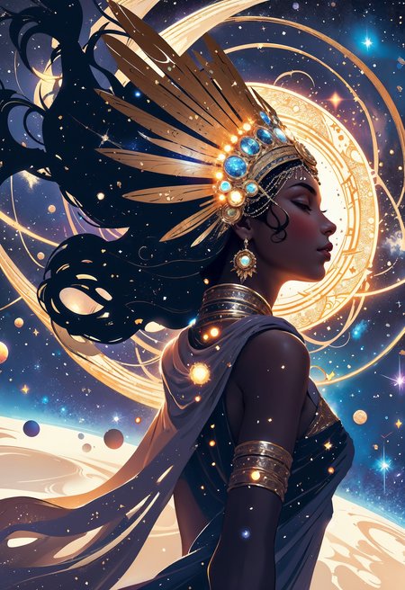 (in Kilian Eng style:1.4), high-quality, masterpiece, A female celestial figure with a body made of galaxies and stars, wrapped in a nebula that shifts with their every movement, their expression otherworldly and peaceful, illuminated by the soft glow of distant stars. Soft focus with lens flare and deep space composition, set against a cosmic backdrop of swirling star clusters. High dynamic range, (elaborately detailed attire with extraordinary elements and headdress:1.1), (hyperdetailed:1.1), (intricate details:1.0), (Refined details:1.1), (best quality:1.1), (high resolution:1.2)