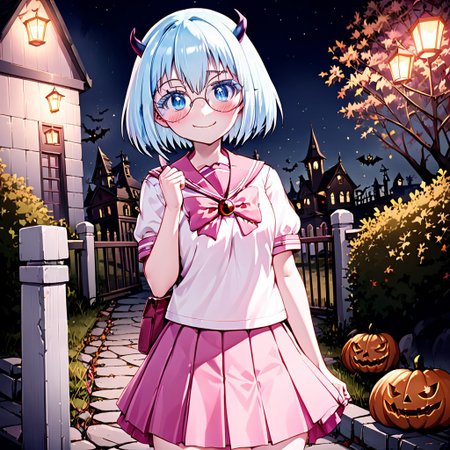 best quality, masterpiece, detailed, Crocell Kerori, smile, closed mouth, light blush, happy, light blue hair, short hair, blue eyes, horns, round eyewear, colored eyelashes, KeroriSchoolUniform, school uniform, serafuku, pink skirt, bow, standing, looking at the viewer, halloween, outdoors, night.