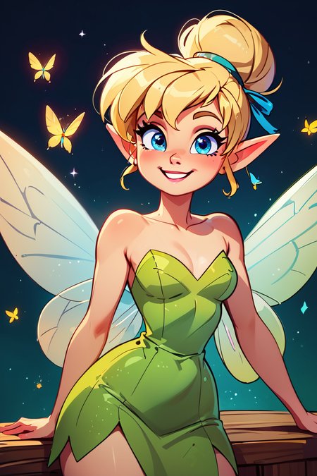 score_9, score_8_up, score_8, medium breasts, (curvy), cute, eyelashes,       BREAK, , BREAK, TinkerWaifu, fairy wings, blonde hair, blue eyes, green dress, sexy, hair bun,, <lora:tinkerbellPonyXL_character:0.8>,, <lora:GoldenCAT_Lora_PDXL_v2:0.8>, , BREAK,  smile, looking at viewer, cowboy shot,  embedding:zPDXL, Expressiveh, <lora:SDXLFaeTastic2400:0.5>,  <lora:Expressive_H-000001:0.4>,