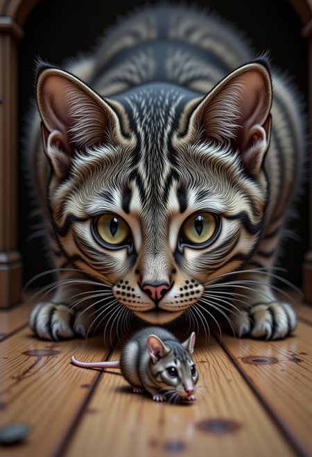 hyp3rd3tail style,  a cat sneaking up on a mouse, wooden floor
