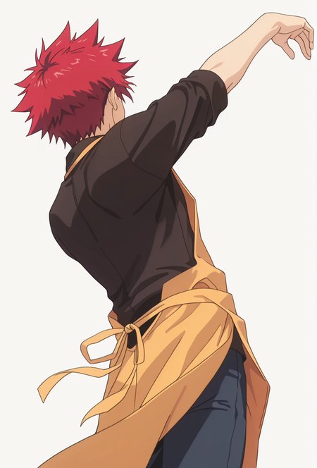 Smooth Quality,masterpiece,very intricate, high quality details, ultra realistic, high detailed skin,detailed enviorement,absurdres,
simple background, white background,solo,dancing, wind, 
from below,0w0,
 <lora:FoodWCNN:0.8> foodwarstylecnn,
 somacnn, 1boy, red hair, spiked hair, black shirt, apron