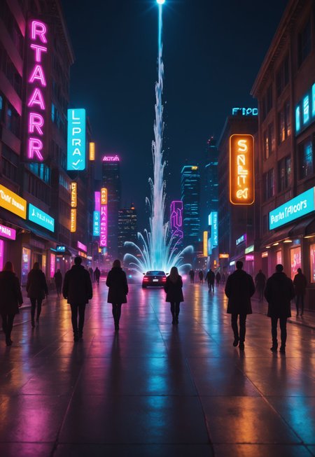 a bustling futuristic cityscape at night, with neon lights and holographic billboards illuminating the streets. Include flying cars and drones zipping through the sky, and pedestrians walking on elevated, transparent pathways. Depict a central plaza with a large, interactive fountain and people enjoying the vibrant nightlife. Use bright, neon colors and dynamic lighting to create a sense of energy and excitement.
 <lora:add-detail-xl:1>
 <lora:Dynamic Poses:1>