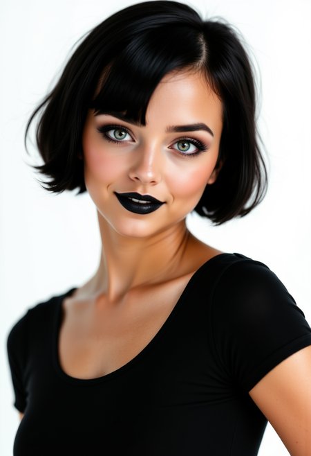 profile headshots,photoshoot poses, She is approximately 18 yearss old, dynamic angles, multiple angles,She is looking at the camera, photoshoot poses;  A photo of Mavis_real, wearing a black shirt and black lipstick,short hair, is posing for the camera with a smile on her face. simple white background.  Style: realistic hyper-detailed rendering, 32k UHD, expressive eyes, punk, graphic design, girl's face, pretty and cute, gleaming lips, telling a tale of adventure. Exuding confidence and serenity. The overall mood of the image is happy and relaxed,detailed skin texture,(blush:0.2),(goosebumps:0.3),subsurface scattering,with a playful and whimsical tone, perfect hands, detailed hand,aidmafluxpro1.1, retro50s_style, looking at the camera,looking at the camera,looking at the camera,looking at the camera,